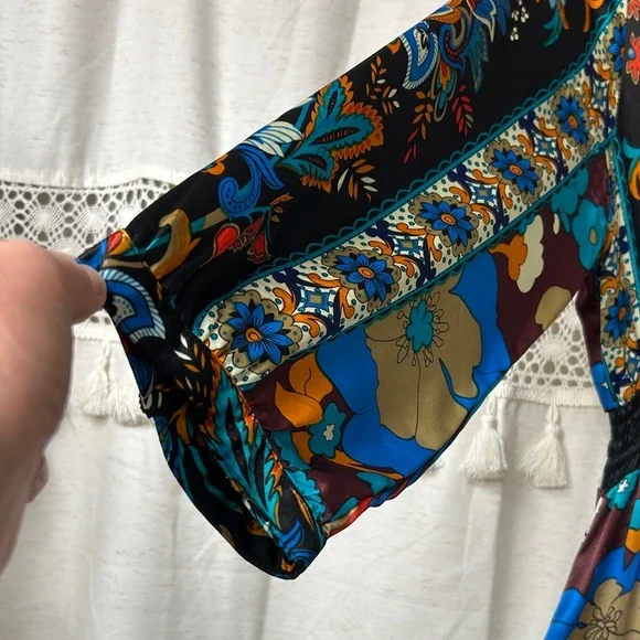 VAnita Teal, Brown & Blue Floral Boho Maxi Dress 100 % silk - Picture 5 of 9